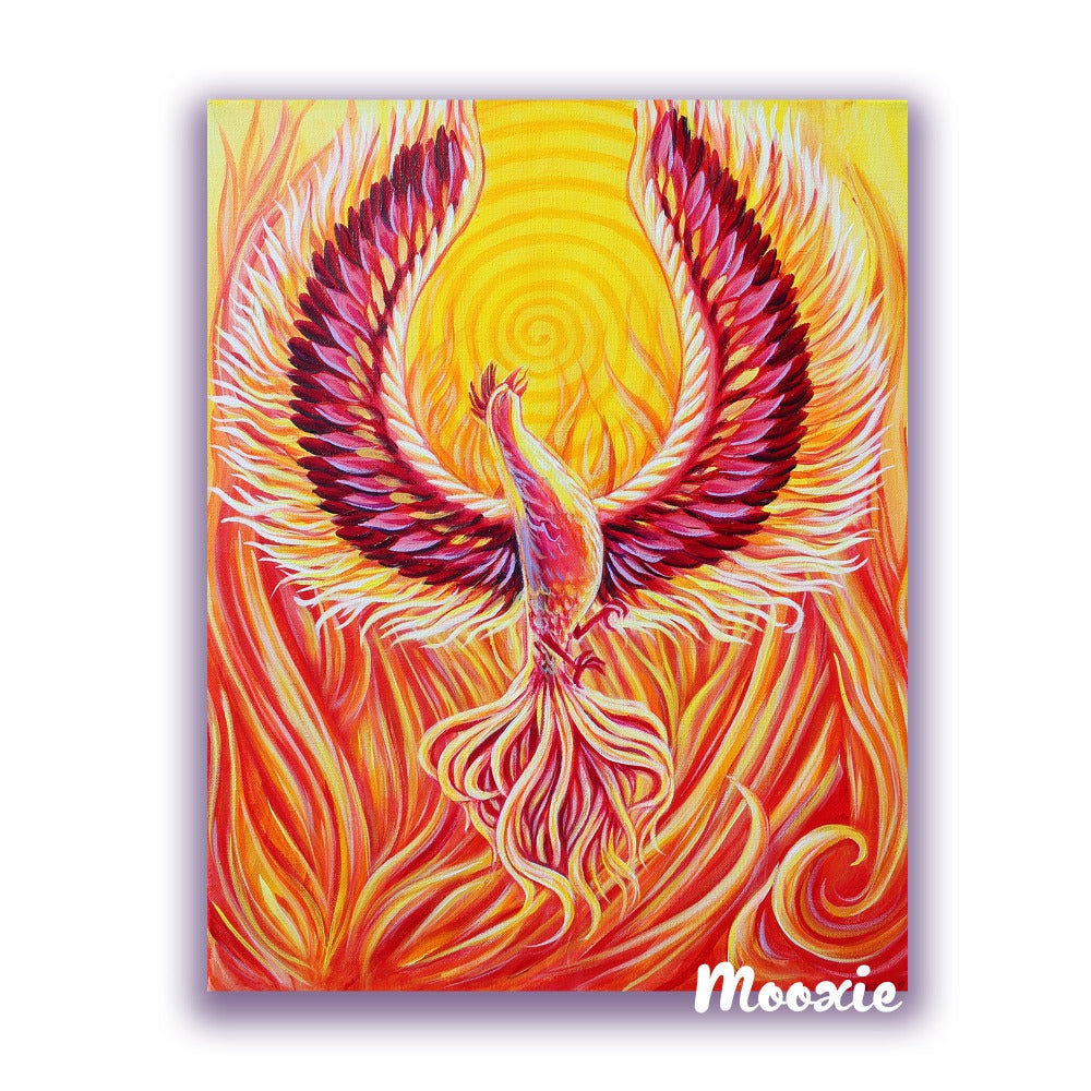 A vertical rectangle art print mockup of a colorful and fiery phoenix. Its wings raised high over a background of flowing fire, it lets out a call that creates a spiraling vibration. The divine feminine rises over adversity.